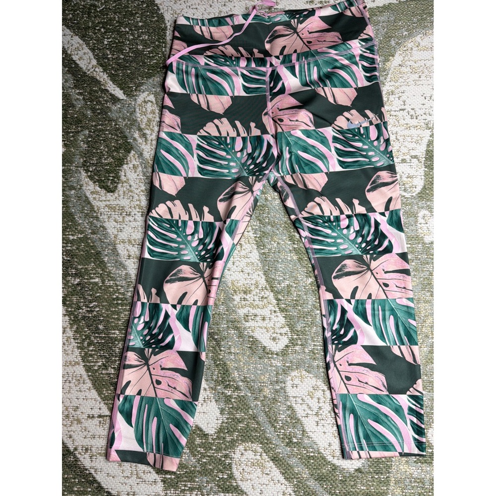 Nike Dri-FIT Womens Tropical Monstera Leaf Print Crop Leggings Green Pink Large
